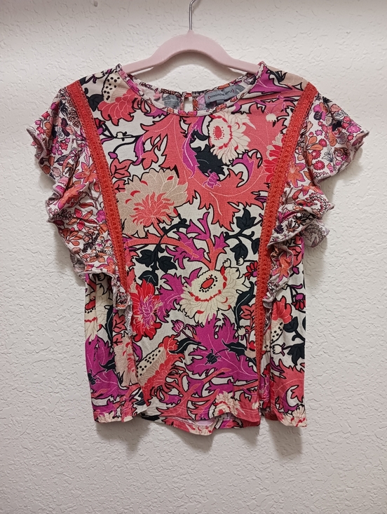 Conditions Apply Tops - Floral Flutter Sleeve Top X-small, Pink, Coral, Purple, Orange -- Colorful!